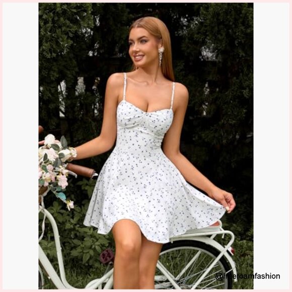 White Floral A-Line Mini Dress Sweetheart Neck Spaghetti Strap Zipper Back - Picture 6 of 7